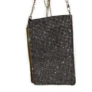 Black Rhinestone Crossbody Phone Bag Silver Chain Strap Evening Mini Purse